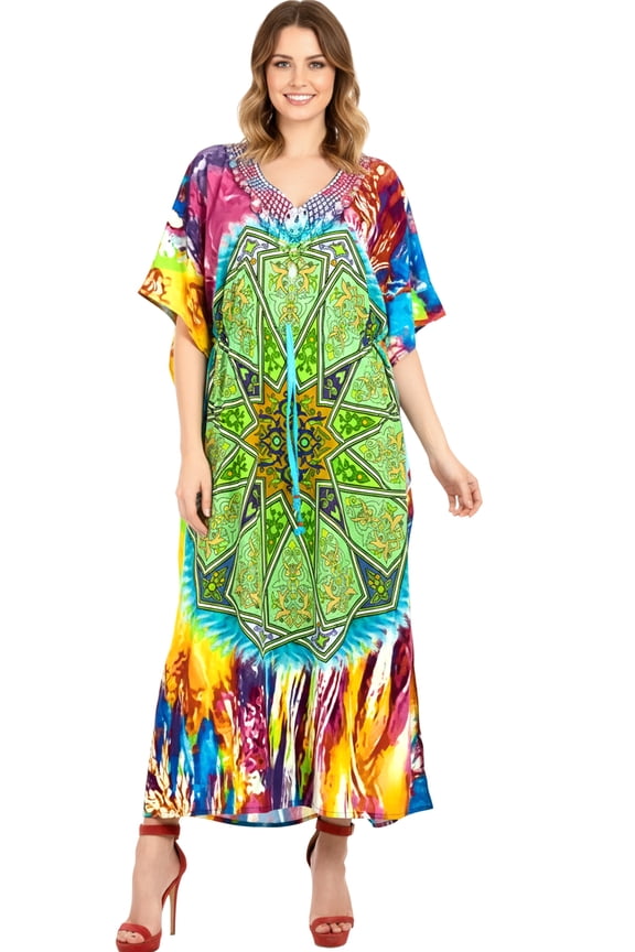 Women's Summer African Beach Maxi Plus Size Caftan Casual Slit Dress Loungewear Dashiki Dresses for Women 2X-3X Sage, Geometric