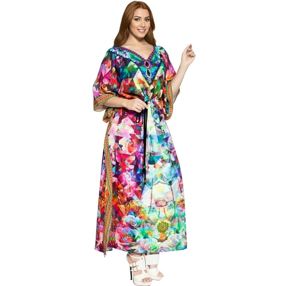 HAPPY BAY Women's Summer African Beach Maxi Plus Size Ethnic Print Caftan Casual Slit Dress Loungewear Dashiki Dresses for Women 2X-3X Coral, Blossom