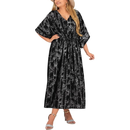 HAPPY BAY Women's Summer African Beach Maxi Slit Dresses Caftan Loungewear Dashiki Print Casual Cover up Caftans for Women 2X-3X Onyx, Leaves