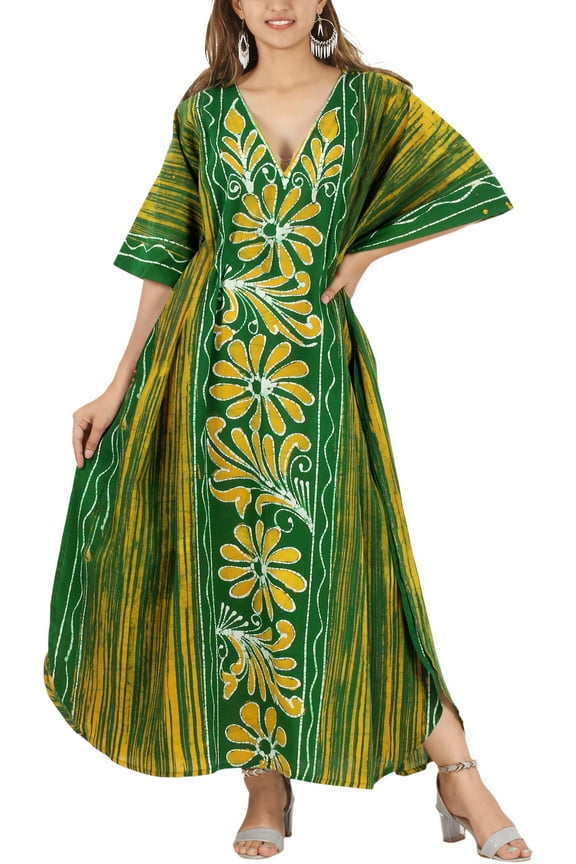 Women's Summer Batik Caftan Loungewear House Dashiki Dress Kaftan Nightshirts for Women Sleepwear 2X-3X Fern, Floral