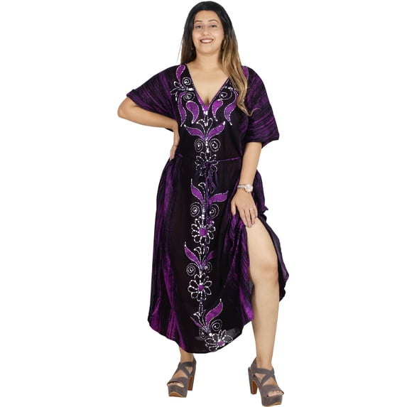 HAPPY BAY Women's Summer Batik Caftan Loungewear House Dashiki Dress V Neck Kaftan Nightshirts for Women Sleepwear 2X-3X Purple, Floral