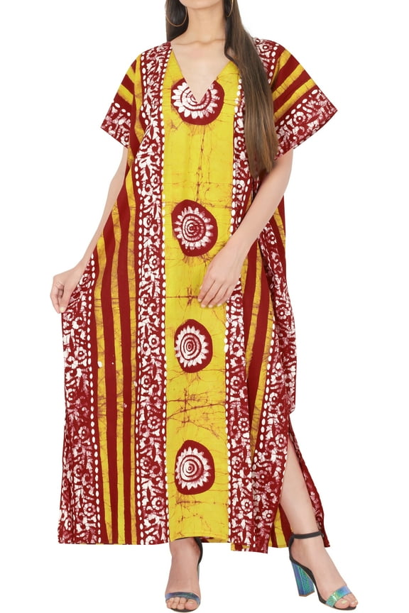 Women's Summer Batik Caftan Loungewear House Dashiki Dress V Neck Kaftan Nightshirts for Women Sleepwear 3X-4X Red, Circle