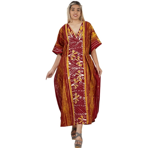 HAPPY BAY Women's Summer Batik Caftan Loungewear House Dashiki Dress V Neck Kaftan Nightshirts for Women Sleepwear Plus Size 2X-3X Orange, Floral