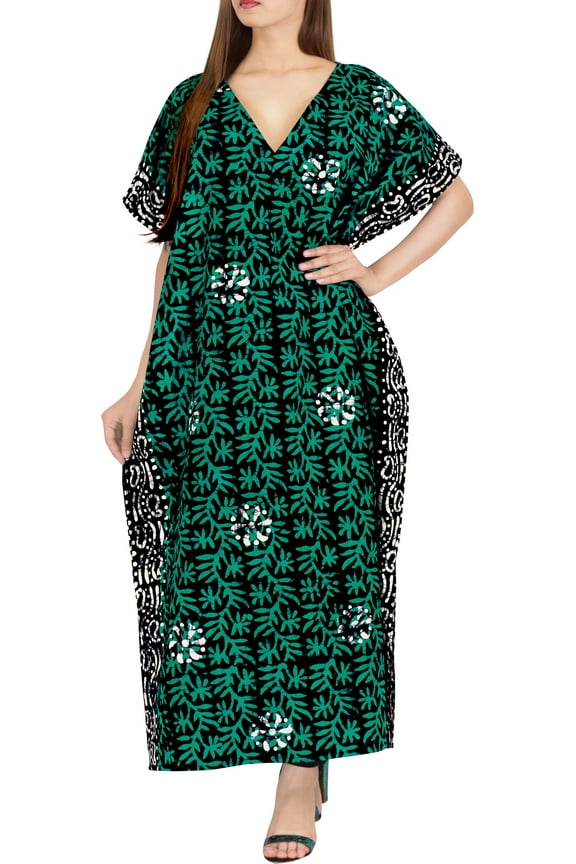 Women's Summer Batik Caftan Maxi Night Loungewear Dashiki House Dress V Neck Kaftan Sleepwear for Women Nightgown Plus Size 3X-4X Green, Roots