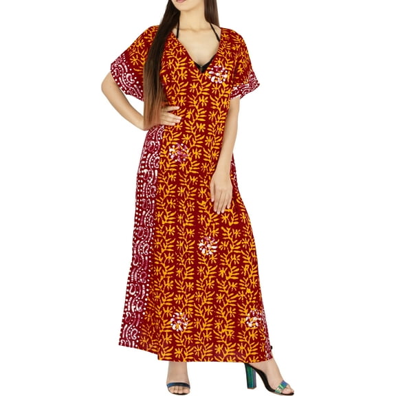 HAPPY BAY Women's Summer Batik Caftan Maxi Night Loungewear Dashiki House Dress V Neck Kaftan Sleepwear for Women Nightgown Plus Size 3X-4X Orange, Roots