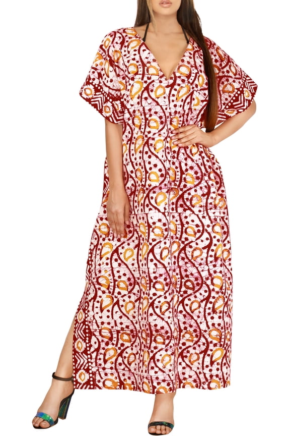 Women's Summer Batik Caftan Maxi Night Loungewear Dashiki House Dress V Neck Kaftan Sleepwear for Women Nightgown Plus Size 3X-4X Red, Leaves