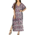 thumbnail image 1 of HAPPY BAY Women's Summer Batik Caftan Maxi Night Loungewear Dashiki House Dress V Neck Kaftan Sleepwear for Women Nightgown 3X-4X Pink, Leaves, 1 of 4