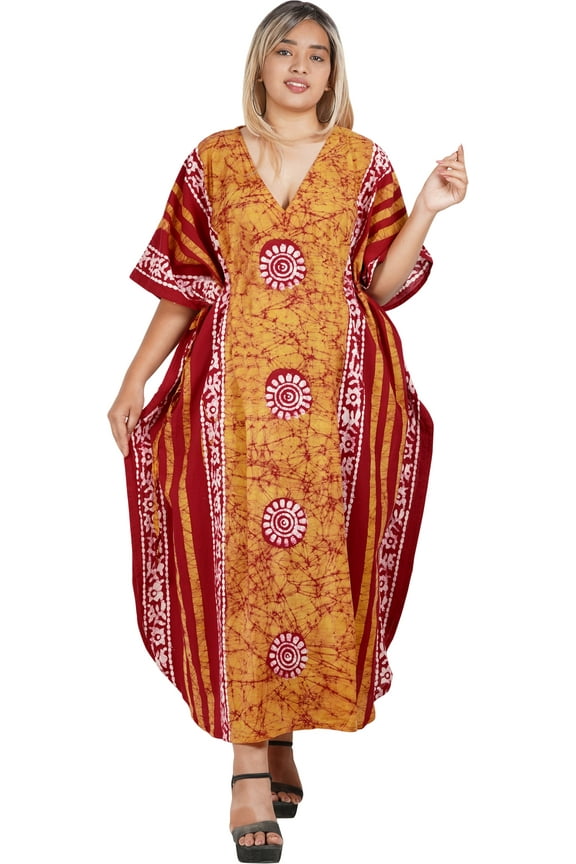 Women's Summer Batik Long Kaftan Loungewear Dashiki House Dress V Neck Caftan Sleepwear for Women Nightgown Plus Size 2X-3X Lemon, Floral
