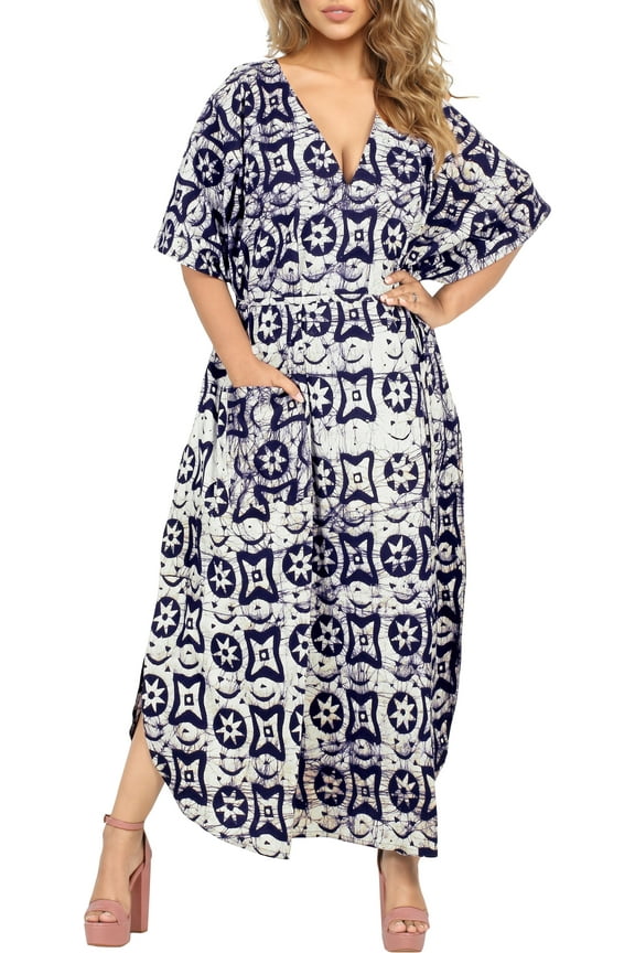 Women's Summer Batik Sleepwear Caftan Maxi Loungewear Dashiki House Dress with Pockets Nightgowns for Women 1X-2X Astronaut, Star