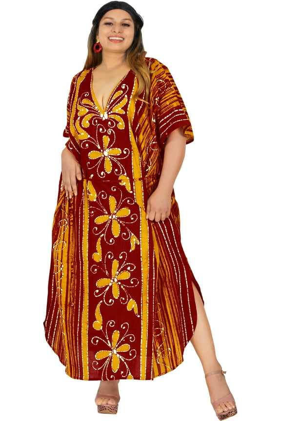 Women's Summer Batik Sleepwear Caftan Maxi Loungewear Dashiki House Dress with Pockets Nightgowns for Women 2X-3X tangerine, Floral