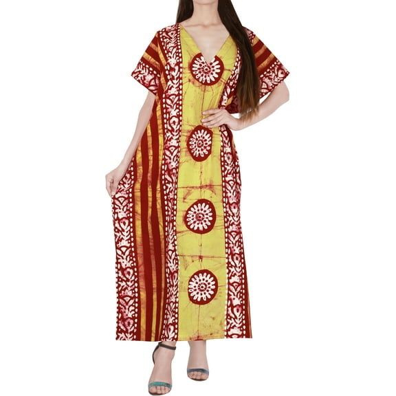 HAPPY BAY Women's Summer Batik Sleepwear Caftan Relaxed Fit V Neck Maxi Loungewear Dashiki House Dress Nightgowns for Women Plus Size 3X-4X Red, Floral