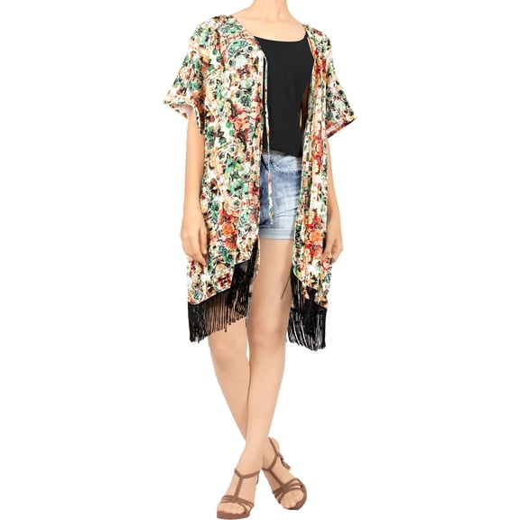 HAPPY BAY Women's Summer Beach Front Open Holiday Kimono Beachwear Duster Cardigans XL-XXL Beige Bloom_AB851