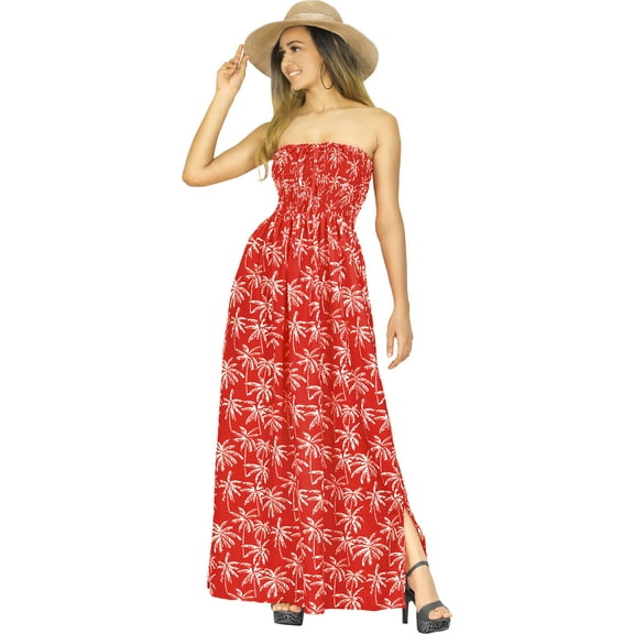 HAPPY BAY Women's Summer Boho A-Line Slit Maxi Beach Dress Smocked Top Evening Long Strapless Tube Dresses for Women One Size Candy, Floral