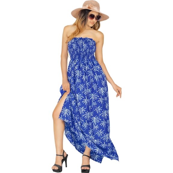 HAPPY BAY Women's Summer Boho A-Line Slit Maxi Beach Dress Smocked Top Evening Long Strapless Tube Dresses for Women One Size Lapis, Floral