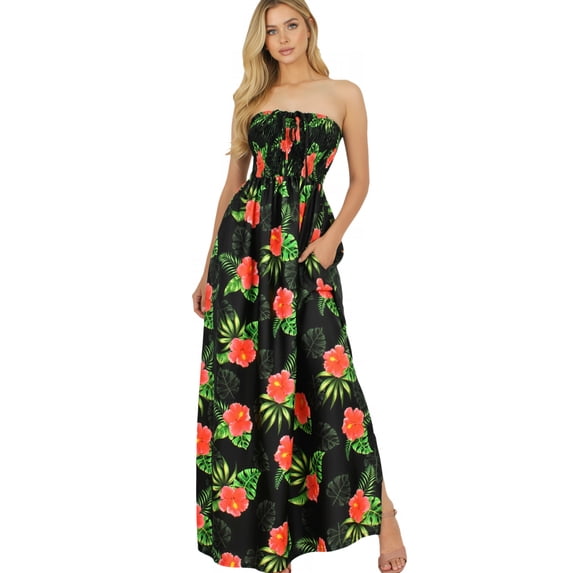 HAPPY BAY Women's Summer Boho A-Line Slit Maxi Beach Dress Smocked Top Evening Long Strapless Tube Dresses for Women One Size Sable, Floral
