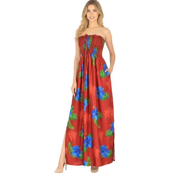 HAPPY BAY Women's Summer Boho A-Line Smocked Strapless Dresses Evening Long Tube Top Slit Maxi Beach Dress for Women One Size Coral, Hibiscus Palm