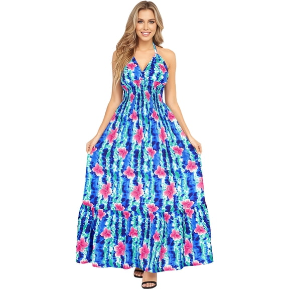 HAPPY BAY Women's Summer Boho Beach A-Line Maxi Smocked Evening Frill Dress Long Tube Dresses for Women S-M Blue, Hibiscus