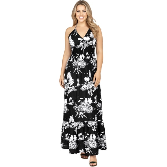 HAPPY BAY Women's Summer Boho Beach A-Line Maxi Smocked Top Dress Long Strapless Tube Dresses for Women S-M Coal, Landscape