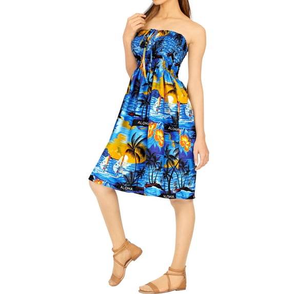 HAPPY BAY Women's Summer Boho Beach Backless Smocked Mini Flowy Dress Tube Top Strapless Dresses for Women L-XL Aegean, Tropical