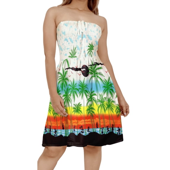 HAPPY BAY Women's Summer Boho Beach Backless Smocked Mini Flowy Dress Tube Top Strapless Dresses for Women One Size Palm Tree View, White