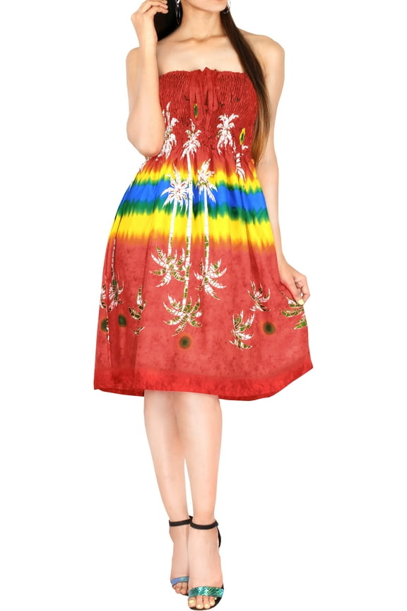 Women's Summer Boho Beach Backless Smocked Mini Flowy Dress Tube Top Strapless Dresses for Women One Size Tart, Palm Tree