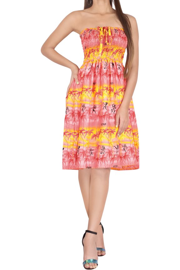 Women's Summer Boho Beach Backless Smocked Mini Swing Dress Tube Top Strapless Dresses for Women L-XL Coral, Palm Tree