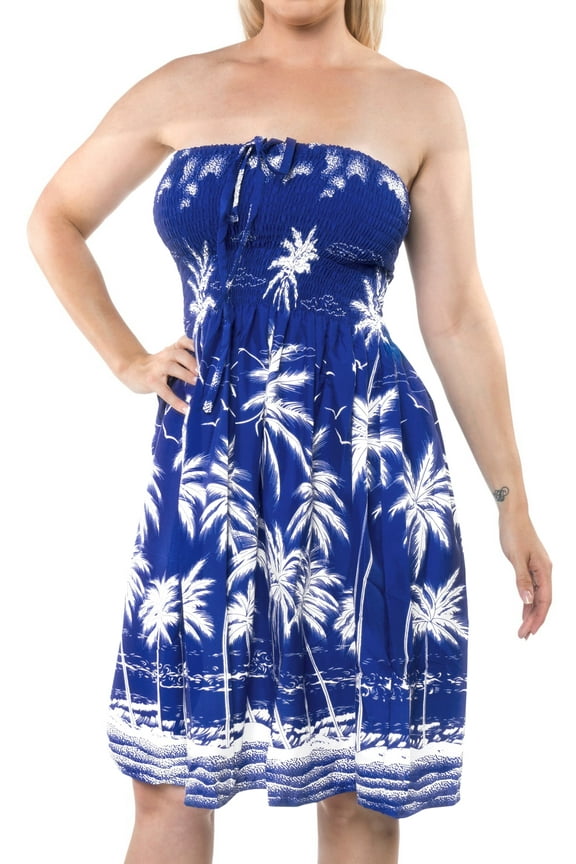 Women's Summer Boho Beach Backless Smocked Mini Swing Dress Tube Top Strapless Dresses for Women One Size Cobalt, Palm Tree