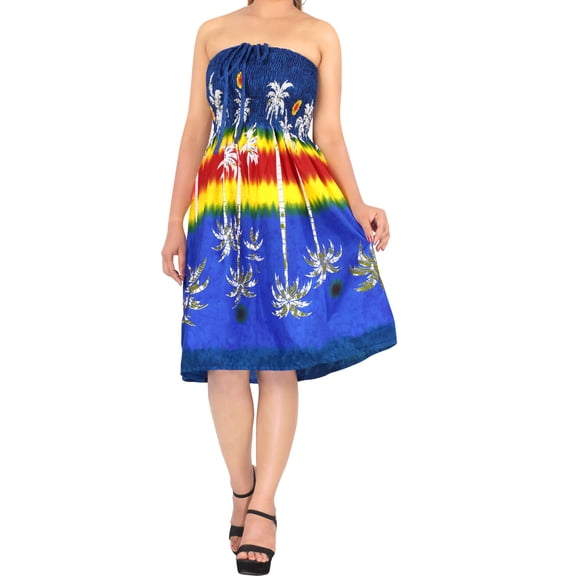 HAPPY BAY Women's Summer Boho Beach Backless Smocked Mini Swing Dress Tube Top Strapless Dresses for Women One Size Denim, Palm Tree