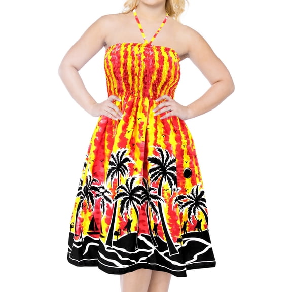HAPPY BAY Women's Summer Boho Beach Backless Smocked Mini Swing Dress Tube Top Strapless Dresses for Women One Size Tart, Palm Tree