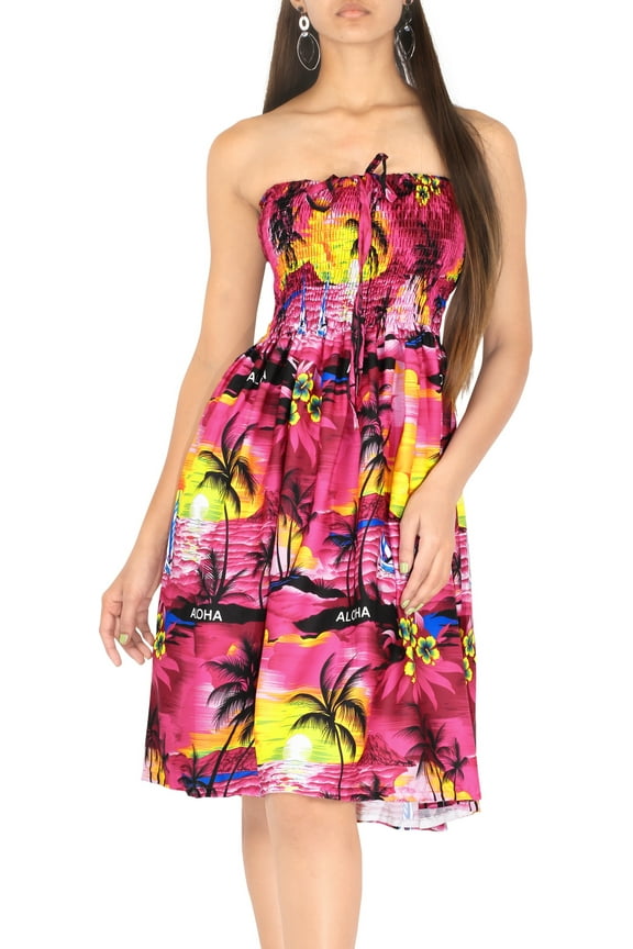 Women's Summer Boho Beach Halter Smocked Mini Flowy Dress Tube Top Strapless Dresses for Women L-XL Neon Pink, Island View