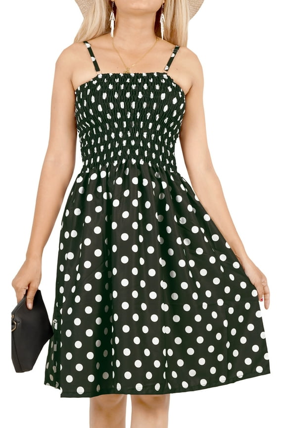 Women's Summer Boho Beach Halter Smocked Mini Flowy Dress Tube Top Strapless Dresses for Women One Size Polka Dots, Black