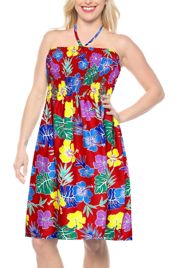 Women's Summer Boho Beach Smocked Mini Flowy Dress Tube Top Strapless Dresses for Women L-XL Barn, Floral