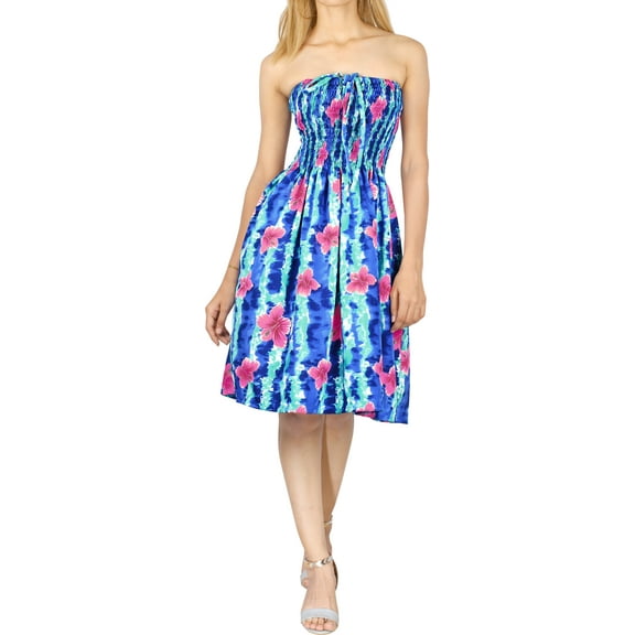 HAPPY BAY Women's Summer Boho Beach Smocked Mini Flowy Dress Tube Top Strapless Dresses for Women L-XL Cobalt, Floral Stripes