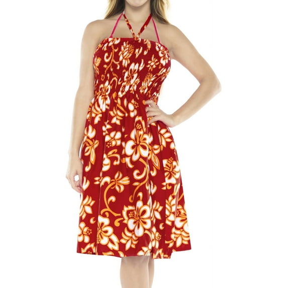 HAPPY BAY Women's Summer Boho Beach Smocked Mini Flowy Dress Tube Top Strapless Dresses for Women L-XL Ruby, Floral Hibiscus