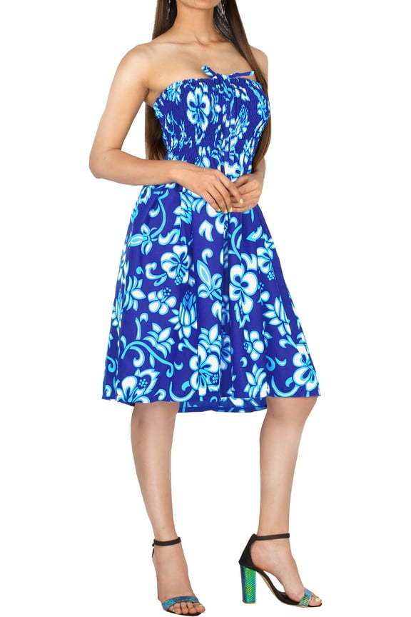Women's Summer Boho Beach Smocked Mini Flowy Dress Tube Top Strapless Dresses for Women L-XL Sapphire, Floral