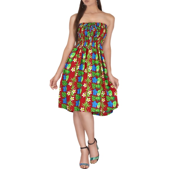 HAPPY BAY Women's Summer Boho Beach Smocked Mini Flowy Dress Tube Top Strapless Dresses for Women One Size Coral, Floral