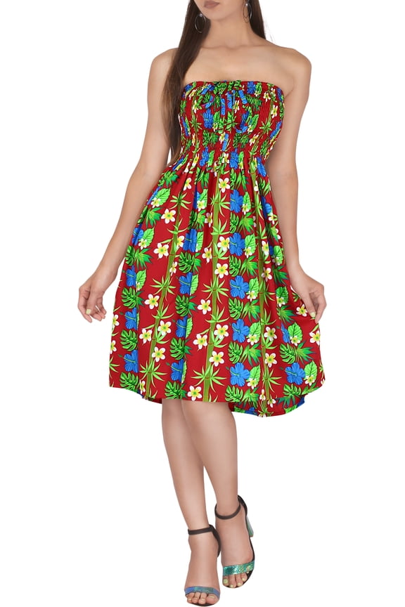 Women's Summer Boho Beach Smocked Mini Flowy Dress Tube Top Strapless Dresses for Women One Size Coral, Floral