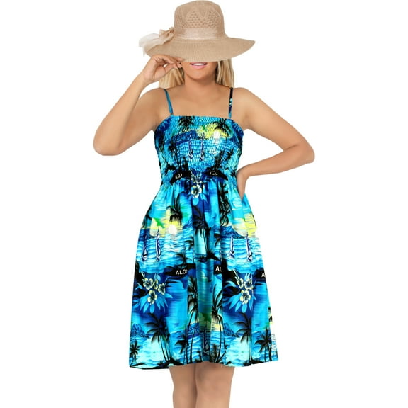HAPPY BAY Women's Summer Boho Beach Strappy Smocked Mini Swing Dress Tube Top Dresses for Women L-XL Lapis, Tropical
