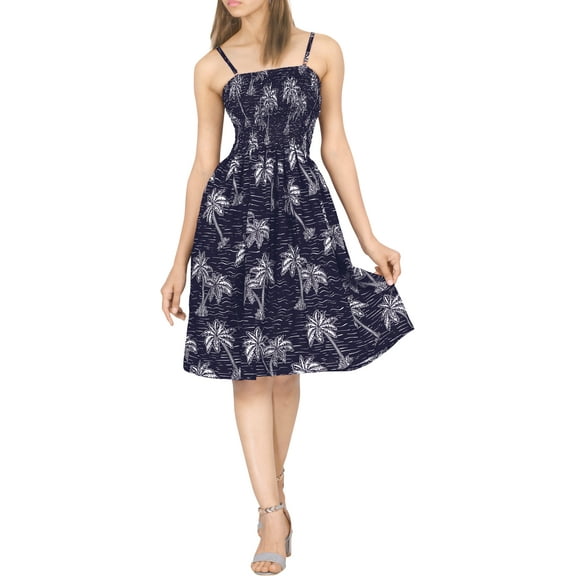 HAPPY BAY Women's Summer Boho Beach Strappy Smocked Mini Swing Dress Tube Top Dresses for Women One Size Indigo, Palm Tree