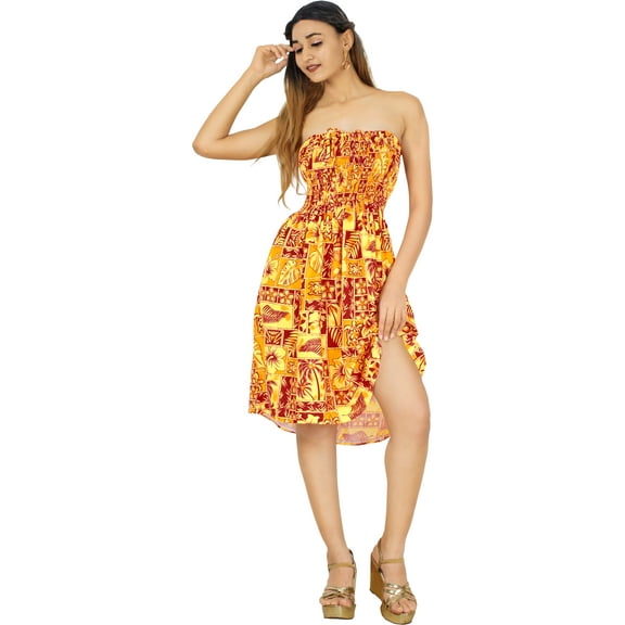 HAPPY BAY Women's Summer Boho Halter Smocked Mini Swing Beach Dress Tube Top Strapless Dresses for Women One Size Coral, Tropical