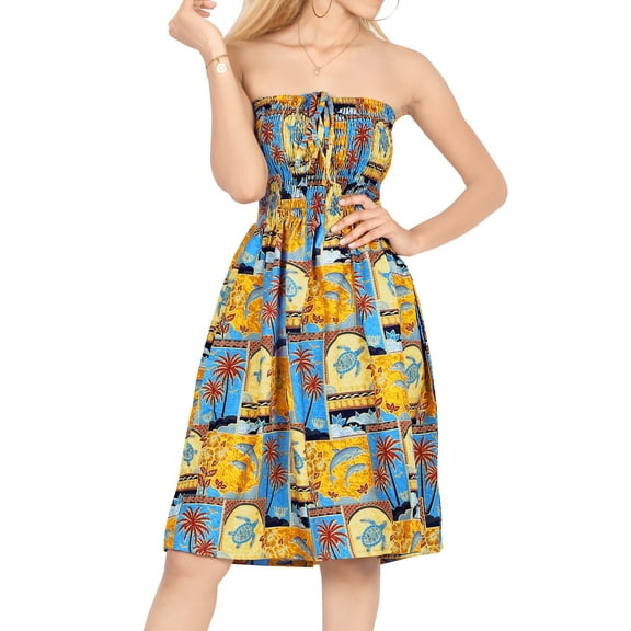 HAPPY BAY Women's Summer Boho Halter Smocked Mini Swing Beach Dress Tube Top Strapless Dresses for Women One Size Yellow, Hawaiian