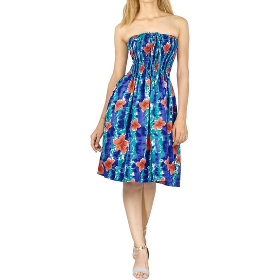 HAPPY BAY Women's Summer Boho Smocked Mini Swing Beach Dress Tube Top Strapless Dresses for Women L-XL Jade, Floral Stripes