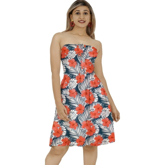 HAPPY BAY Women's Summer Boho Smocked Mini Swing Beach Dress Tube Top Strapless Dresses for Women L-XL Regal, Hibiscus