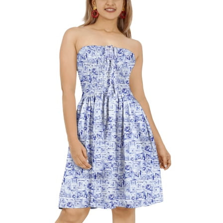 HAPPY BAY Women's Summer Boho Smocked Mini Swing Beach Dress Tube Top Strapless Dresses for Women One Size Flower, Blue