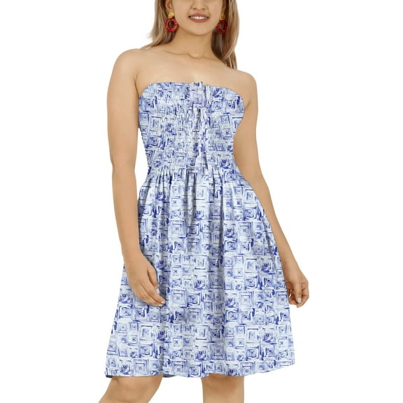 HAPPY BAY Women's Summer Boho Smocked Mini Swing Beach Dress Tube Top Strapless Dresses for Women One Size Flower, Blue