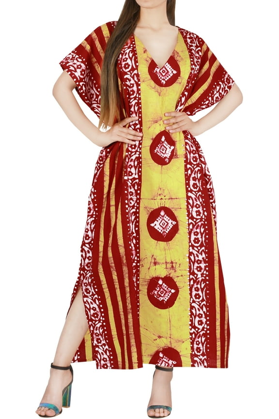 Women's Summer Loose Caftan Long Boho Sleepwear Loungewear Dashiki House Dress 3X-4X Red, Ethnic