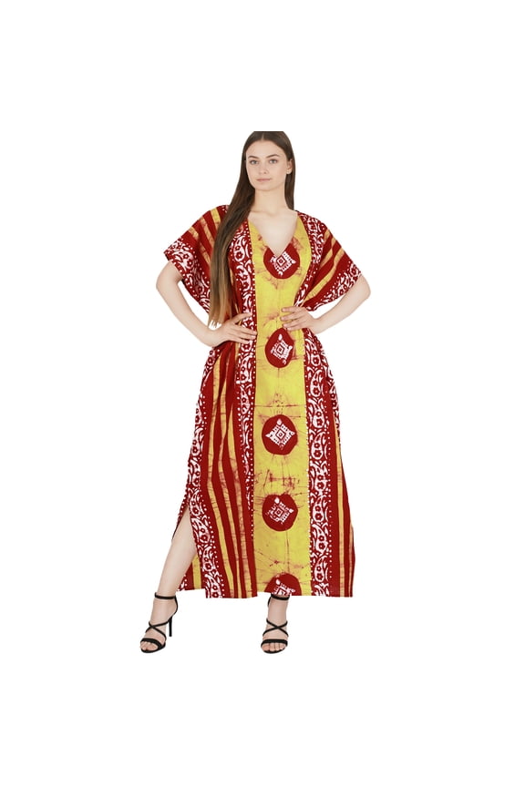 Women's Summer Loose Caftan Long Boho Sleepwear Loungewear Dashiki House Dress 3X-4X Red, Ethnic