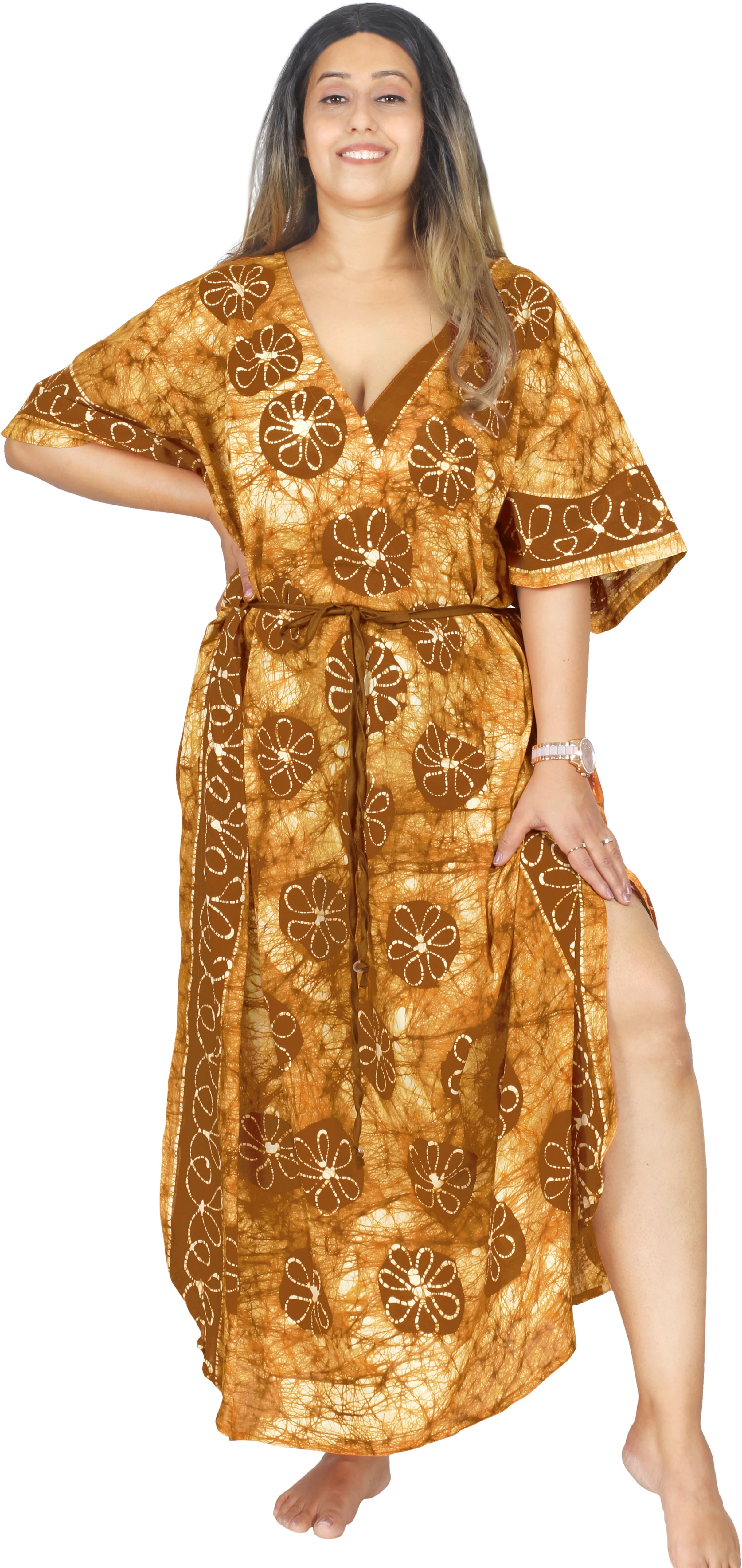 LA LEELA Women's Plus Size Caftan Dress - Handmade Batik Cotton, Floral Print, 58" Bust, One Size Fits 14-5X - View #5