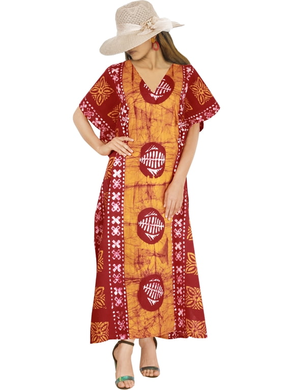 Women's Summer Loose Caftan Maxi Night Evening Gown Loungewear Dashiki House Dresses for Women 3X-4X Aztec, Orange