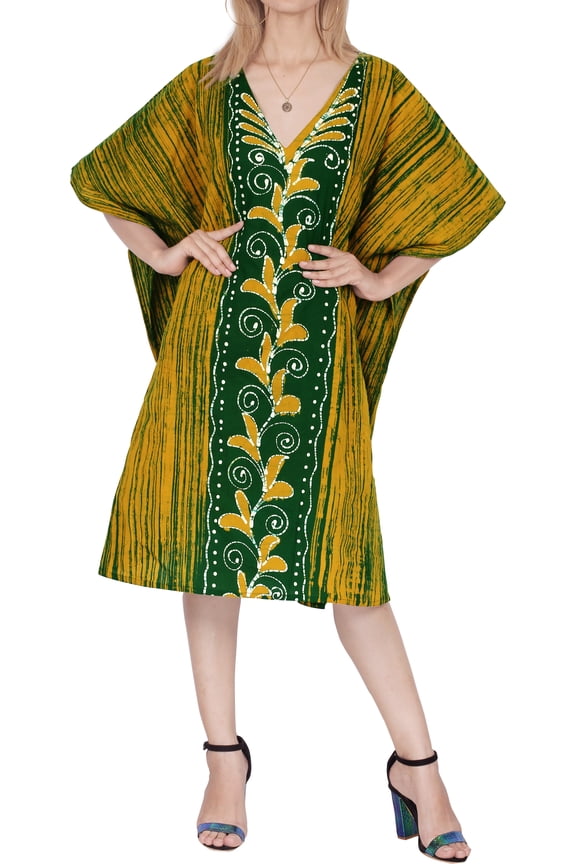 Women's Summer Loose Caftan Short Casual Beach Loungewear Dashiki House Dress for Women 2X-3X Yellow, Stripes
